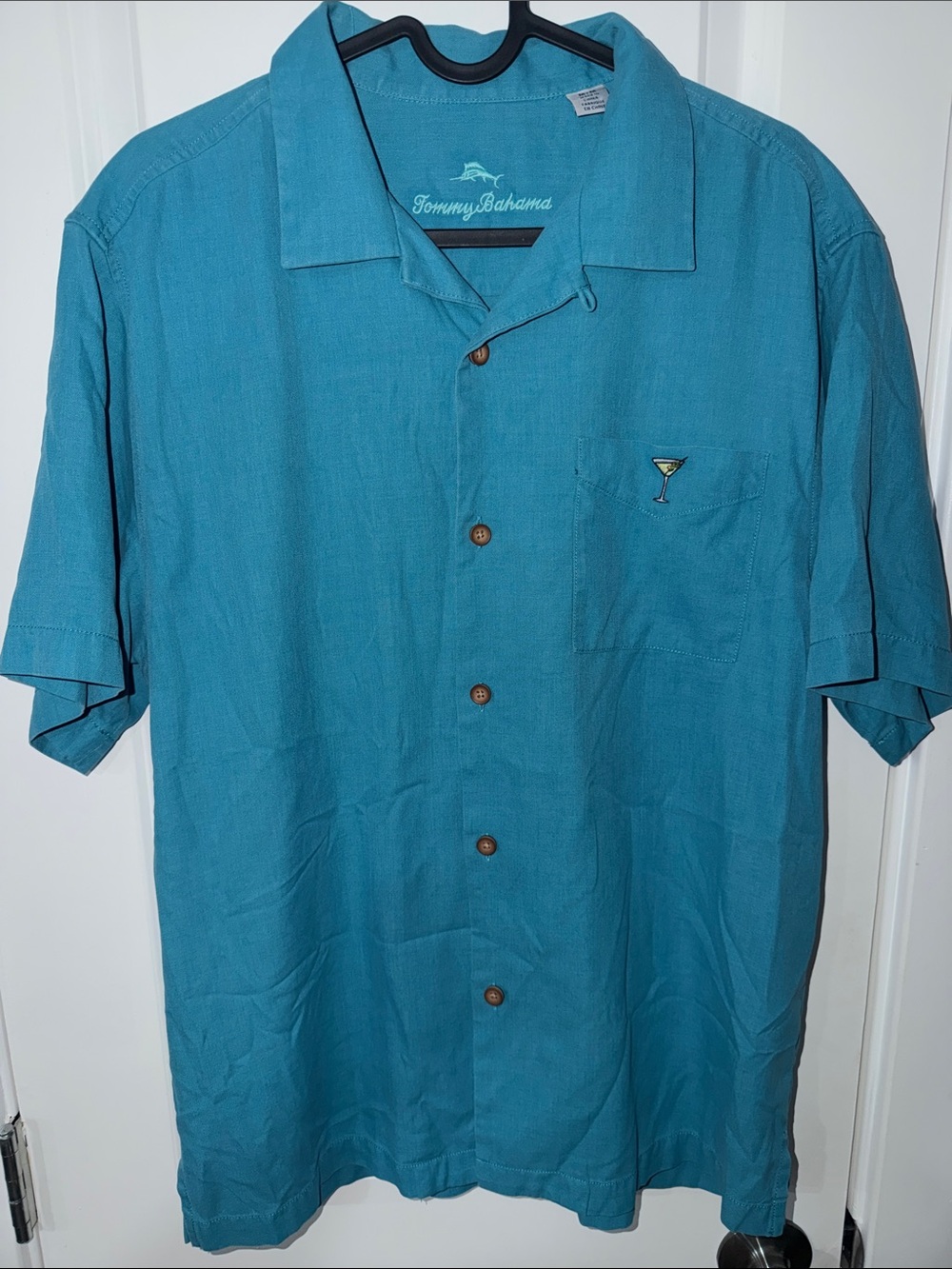 Tommy Bahama Teal Short-Sleeve Camp Shirt with Martini Pocket Embroidery